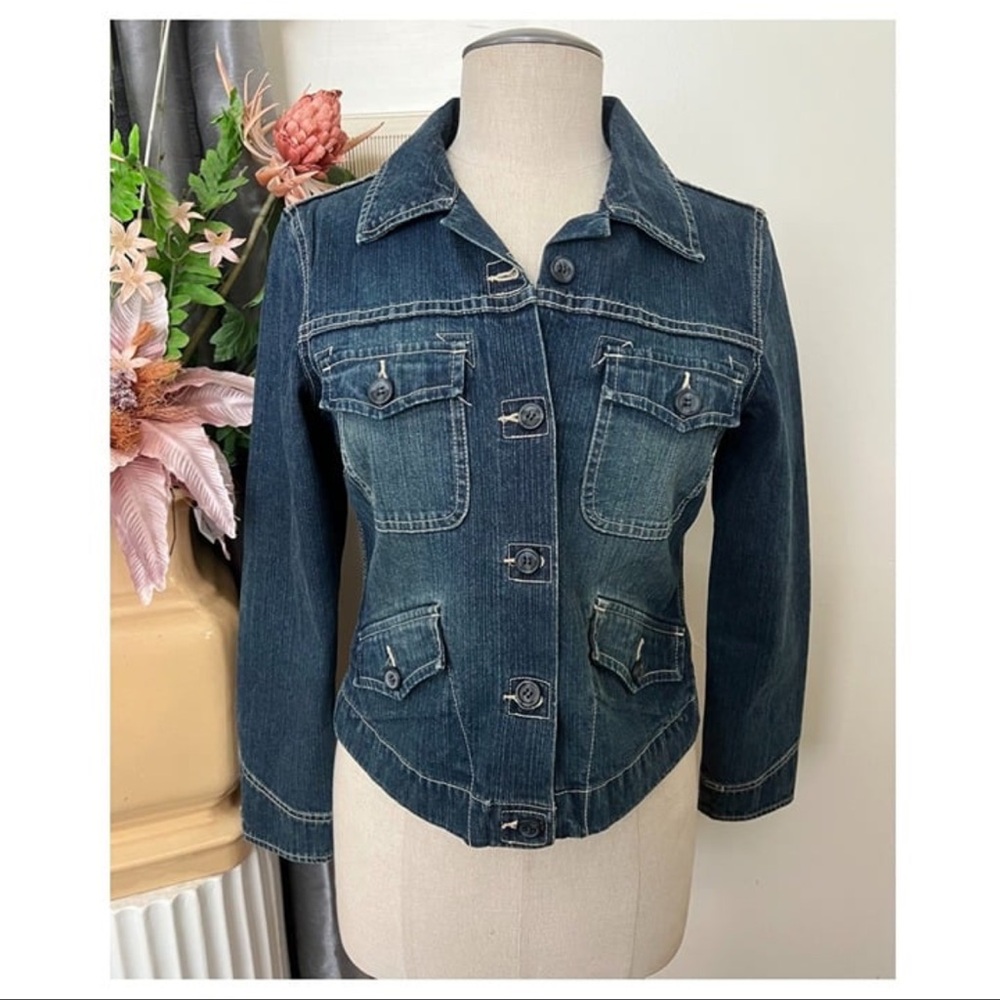 E1-- STYLE & CO PETITE blue long sleeve button stretch denim jean jacket Small